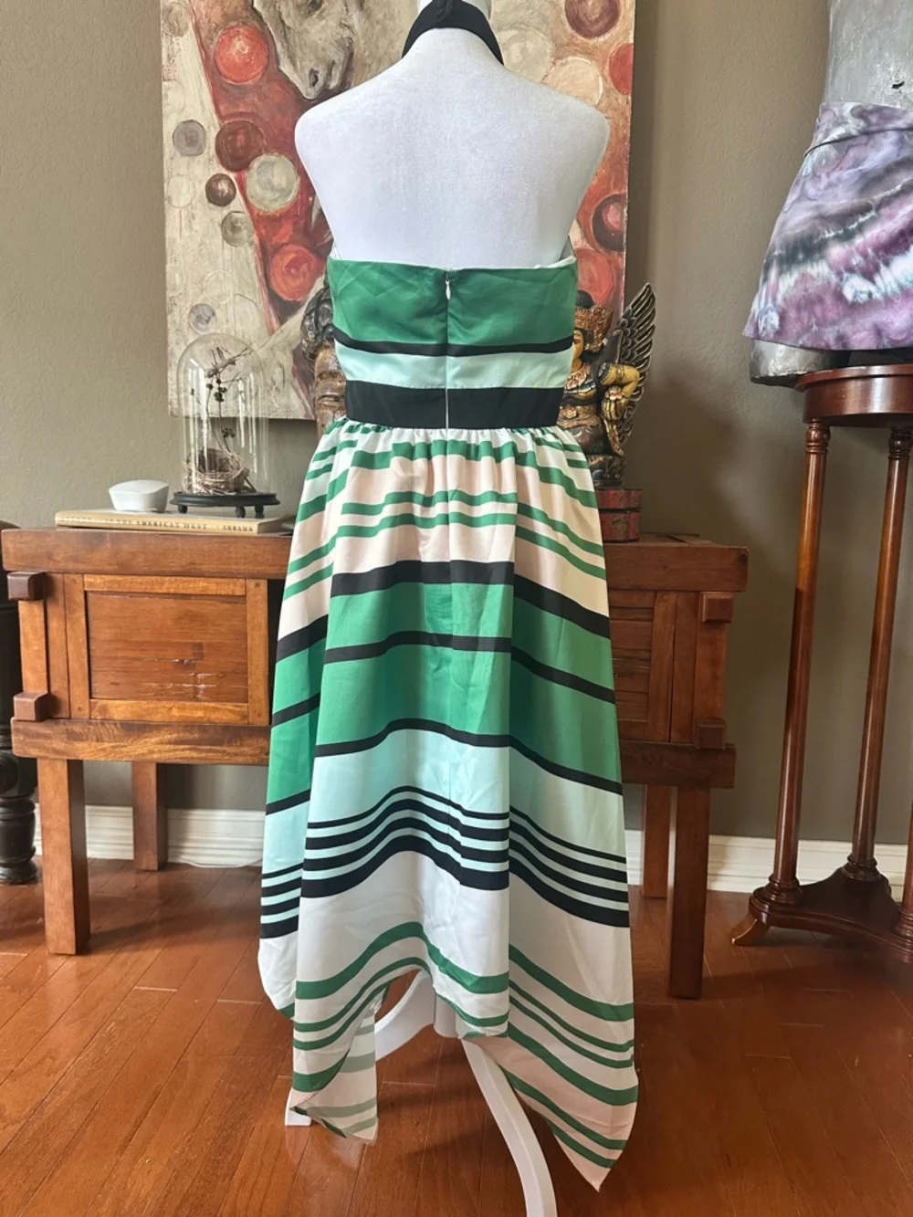 Troubadour Green Stripe Asymmetrical Halter Dress NWT
